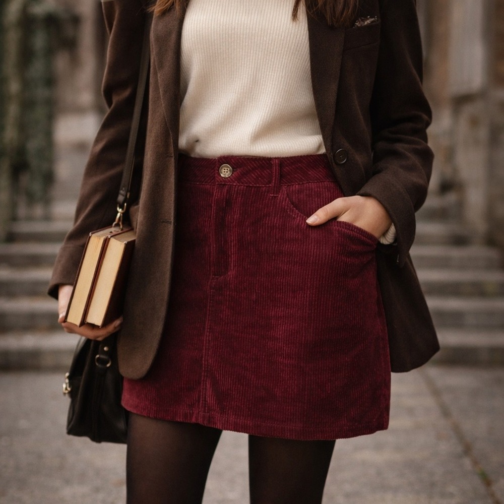 Corduroy Red Mini Skirt, High‎ Waisted Preppy 90s Retro Academia, Wine Oxblood